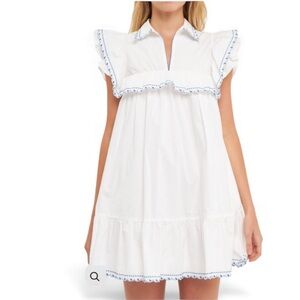 Free the Roses White Floral Embroidered Monotone Ruffled Shift Dress Size Small